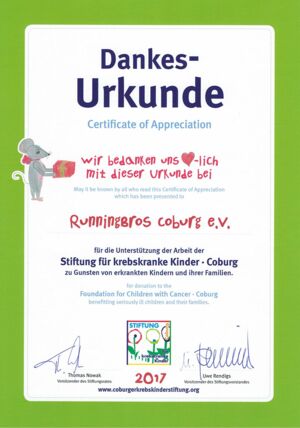Dankes-Urkunde von der Stiftung für krebskranke Kinder Coburg